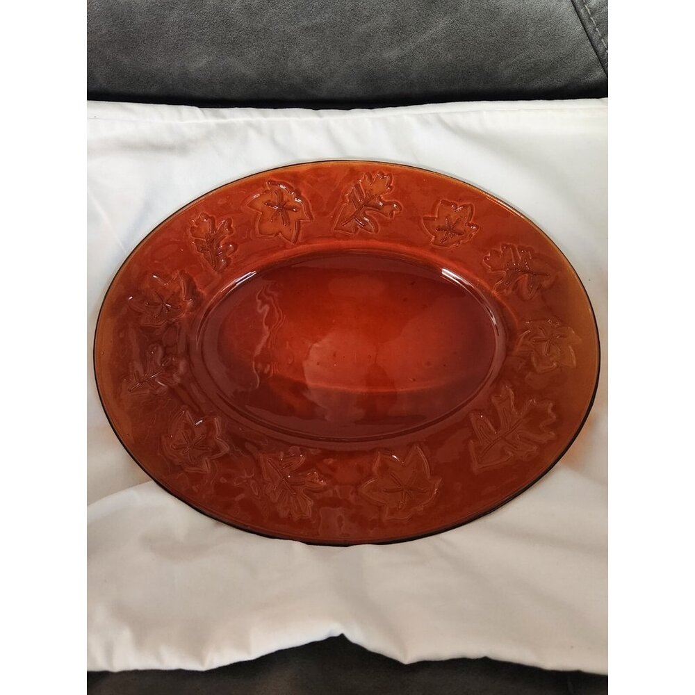 Vintage 60's Amber Oval Serving Platter/Tray With Leaves